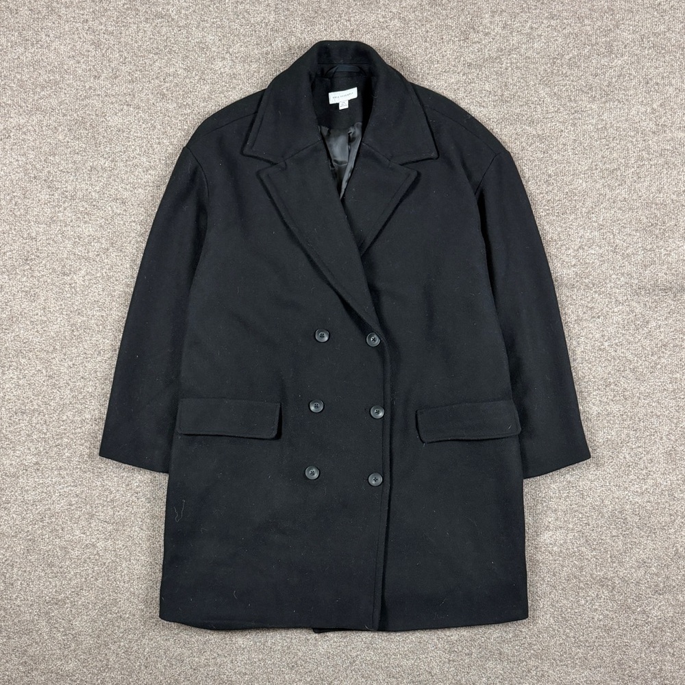 Black Wool Blend Mid Length Double Breasted Pea Coat Women XXL Warm Winter Lined